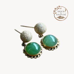 Vintage Jade Cabochon Dangle Earrings w/ Solid 14K Gold Posts [stamped]✨